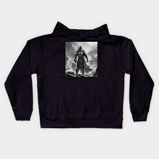 A Black and Gray apocalyptic Viking Battle in Valhalla with a Viking Warrior with a spear and a sword. Kids Hoodie